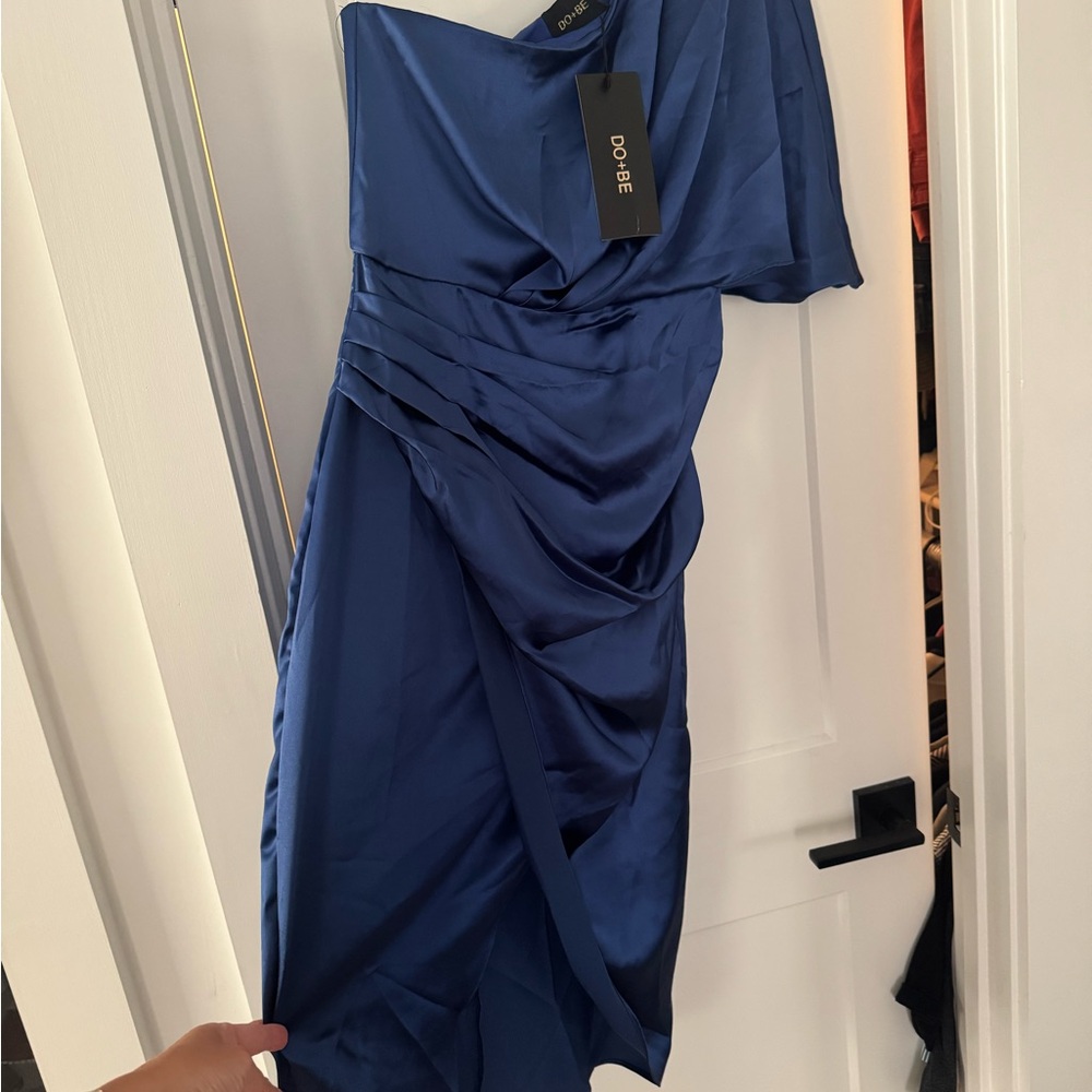 DO+BE One-Shoulder Satin Dress in Deep Blue